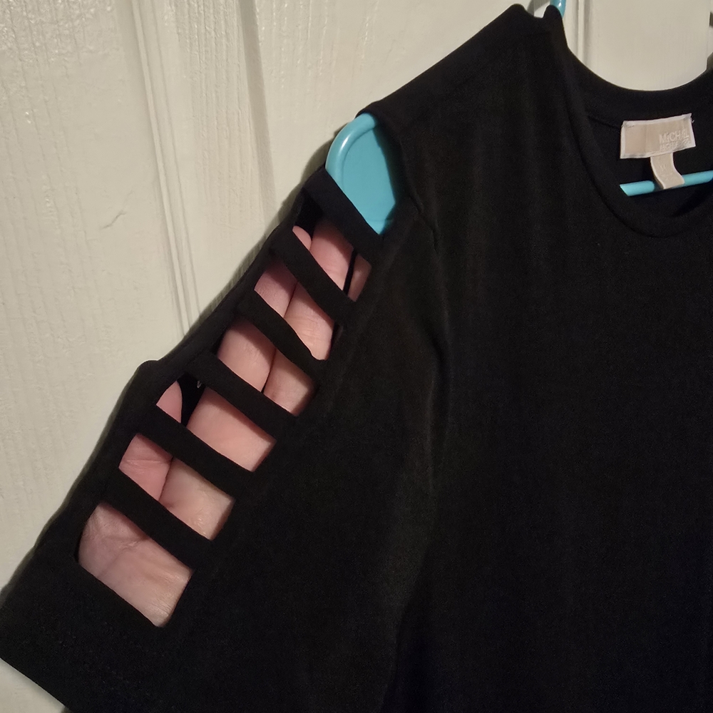 Michael Kors Black Stretch Distressed Shoulder Shift Dress Medium - Picture 5 of 7